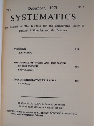 SYSTEMATICS: VOLUME 9: The Journal of the Institute for the Comparative Study of History, Philosophy and the Sciences