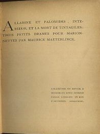 ALLADINE ET PALOMIDES, INTERIEUR, ET LA MORT DE TINTAGILES:: Trois Petits Drames pour Marionetes