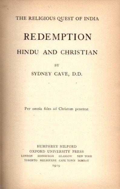Item #21619 REDEMPTION: Hindu and Christian. Sydney Cave.