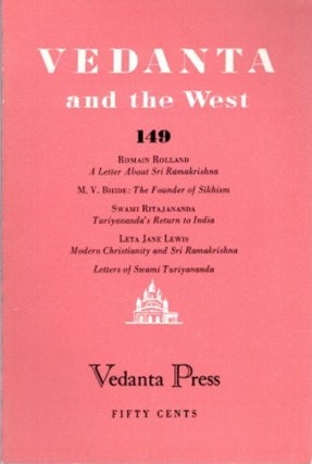 Item #22511 VEDANTA AND THE WEST 149. Swami Prabhavananada, Romain Rolland
