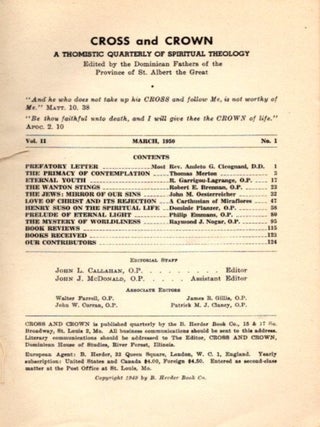 THE PRIMACY OF CONTEMPLATION: Cross and Crown: Vol. II, No. 1, March, 1950