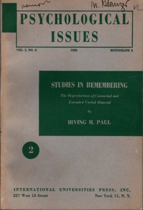 Item #23059 STUDIES IN REMEMBERING: THE REPRODUCTION OF CONNECTED AND EXTENDED VERBAL MATERIAL....