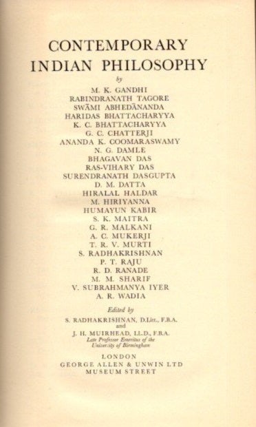 Item #23734 CONTEMPORARY INDIAN PHILOSOPHY. S. Radhakrishnan, J H. Muirhead.