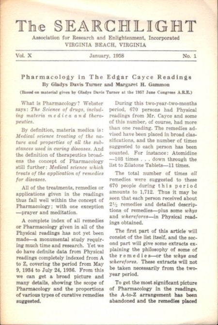 Item #24456 PHARMACOLOGY IN THE EDGAR CAYCE READINGS: The Searchlight, Vol. X, No. 1. Gladys Davis Turner, Margaret H. Gammon.