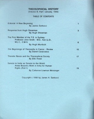 THEOSOPHICAL HISTORY: SPECIAL ISSUE ON THEOSOPHY IN AUSTRALIA: A Quarterly Journal of Research: Volume III, Issue 1, January 1990