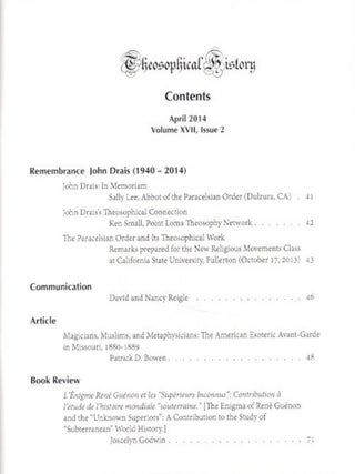 THEOSOPHICAL HISTORY: A Quarterly Journal of Research: Volume XVII, Issue 2, April 2014