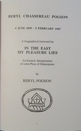 Item #27999 BERYL CHASSEREAU POGSON: 4 JUNE 1895 - 5 FEBRUARY 1967: A Biographical Foreword....