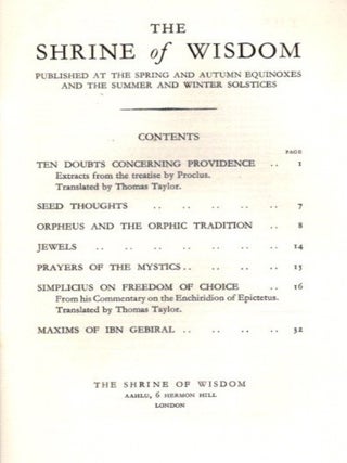 THE SHRINE OF WISDOM: NO. 49, AUTUMN 1931: A Quarterly Devoted to Synthetic Philosophy, Religion & Mysticism