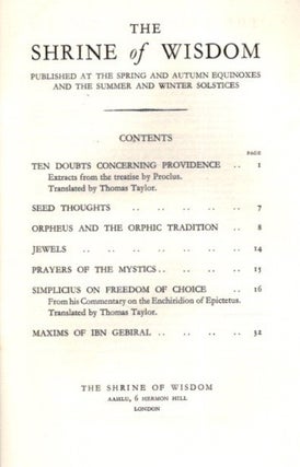 THE SHRINE OF WISDOM: NO. 49, AUTUMN 1931: A Quarterly Devoted to Synthetic Philosophy, Religion & Mysticism