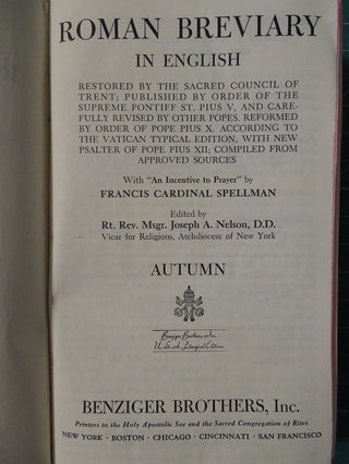 ROMAN BREVIARY IN ENGLISH: AUTUMN: Restored by the Sacred Council of Trent, Published by Order of the Supreme Pontiff St. Pius V and Carefully Revised by Other Popes