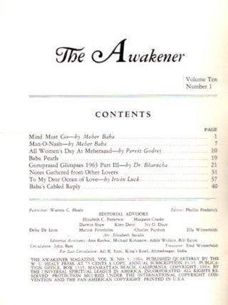 THE AWAKENER: VOLUME X, NO. 1: A Journal Devoted to Meher Baba