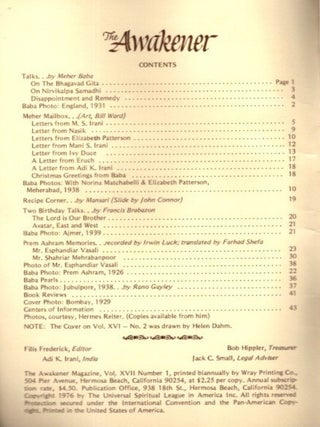 THE AWAKENER: VOLUME XVII, NO. 1: A Journal Devoted to Meher Baba