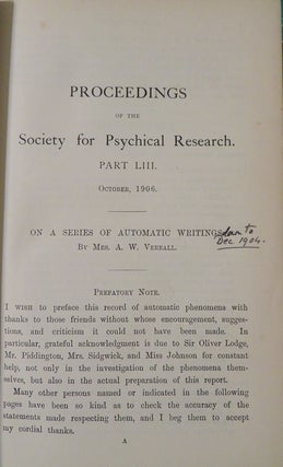 PROCEEDINGS OF THE SOCIETY FOR PSYCHICAL RESEARCH VOLUME XX PART LIII OCTOBER 1906: On a Series of Automatic writings by Mrs. A. W. Verrall