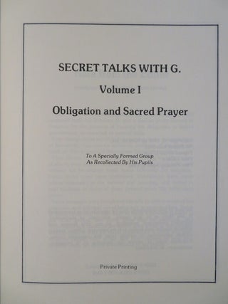 SECRET TALKS WITH G. VOLUME I: Obligation and Sacred Prayer