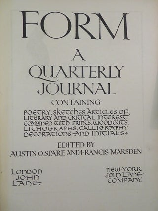 FORM: APRIL 1917, NO. 2, VOL. 1: A Quarterly Of The Arts