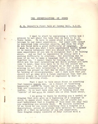 Item #32525 THE POTENTIALITIES OF SUBUD: J.G. Bennett's First Talk at Conway Hall, 4.2.58. J. G....