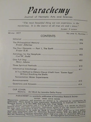 PARACHEMY: WINTER 1977, VOLUME V, NUMBER 1: Journal of Hermetic Arts and Sciences, Astrology, Alchemy, Qabalah