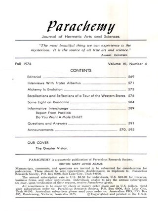PARACHEMY: FALL 1978, VOLUME VI, NUMBER 4: Journal of Hermetic Arts and Sciences, Astrology, Alchemy, Qabalah