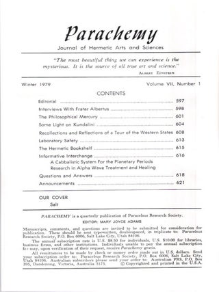 PARACHEMY: WINTER 1979, VOLUME VII, NUMBER 1: Journal of Hermetic Arts and Sciences, Astrology, Alchemy, Qabalah