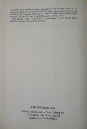 HUMAN AND COSMIC THOUGHT: Four lectures given in Berlin from 20th to 23rd January 1914 during the Second General Meeting of the Anthroposophical Society