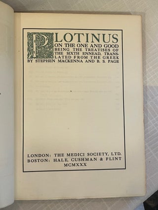 Item #38491 THE LIBRARY OF PHILOSOPHICAL TRANSLATIONS: Volume V: On the One and Good Being the...
